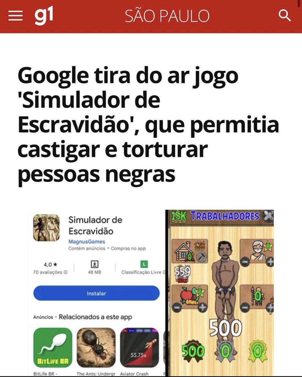 dimasgadelha13's tweet photo. Um aplicativo simulador de escravidão, com mais de 1 milhão de usuários, foi removido da internet. O racismo não pode ser tolerado! É inaceitável promover ódio e violência dessa forma. Juntos, devemos combater todas as manifestações de intolerância. https://t.co/2ZYmjmDAq5