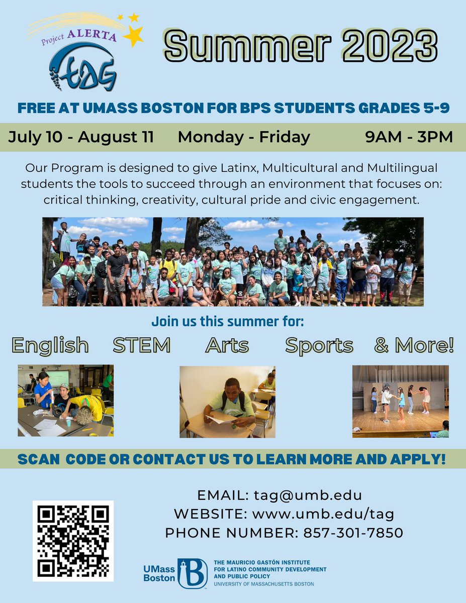TAG_1985's tweet photo. The TAG | ALERTA summer application is available! This year we will offer ELA, STEM, art, sports, field trips &amp; more for BPS 5th-9th grade students, including English Learners. More information on the image.
We hope to see you this summer!
#TAG_ALERTA #BOSTON #Summer2023 https://t.co/EPcGuZteJB