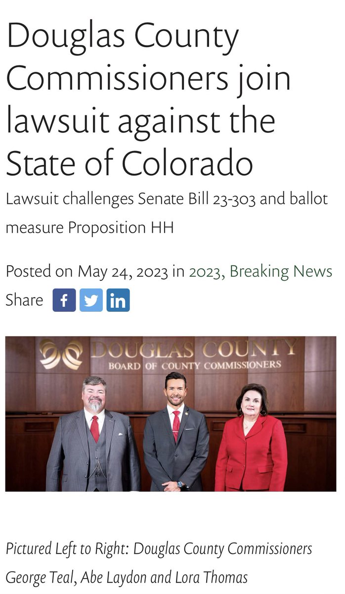 Thanks to my County Commissioners for joining this important lawsuit. Across the board, Douglas County elected officials have led on trying to actually address the property tax crisis we are facing. #copolitics #coleg @gtealcr @LoraThomasCO @AbeLaydon