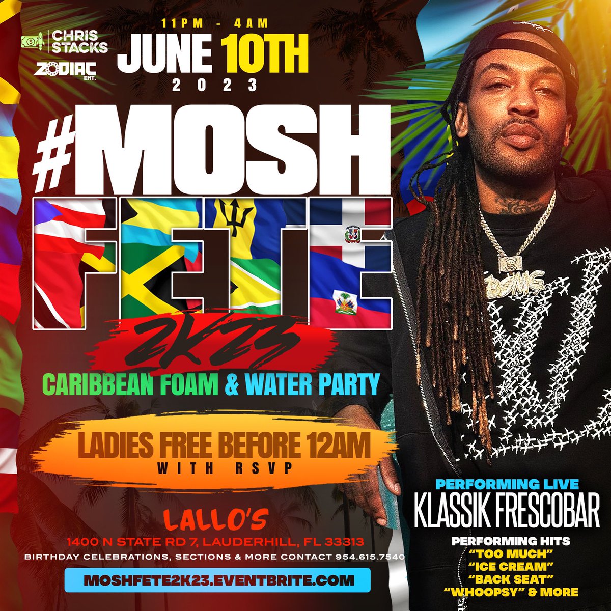 IAmChrisStacks's tweet photo. June 10th, 2k23 🗓️ 11PM - 4AM 
@KlassikFresco Performing Live 🎥
#MoshFete2k23 Caribbean (Foam/ Water Party) 💦 🫧 
LADIES FREE Til 12AM With RSVP💃
Lallos 1400 N State Rd 7, Lauderhill, FL, 33313📍
Birthday | Sections | Info:
954.615.7540 📱 
Tickets: https://t.co/A2wqAGkQRu https://t.co/DYPMSqtlV6