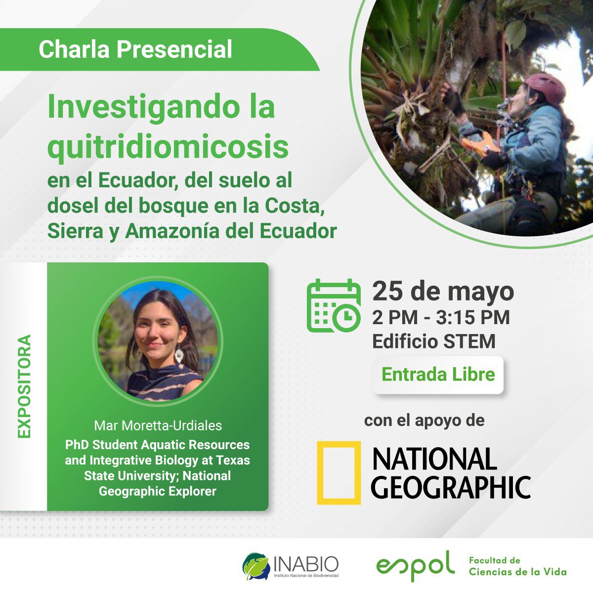 🐸🍄Join us tomorrow at @espol and @INABIO_EC  to know more about the study of frog fungus in the Ecuadorian forest🌳. @NatGeo explorer @anuradelmar enhances the understanding of Quitridiomicosis and its impact on frog biodiversity of the coast, highlands, and Amazon Ecuadorean.