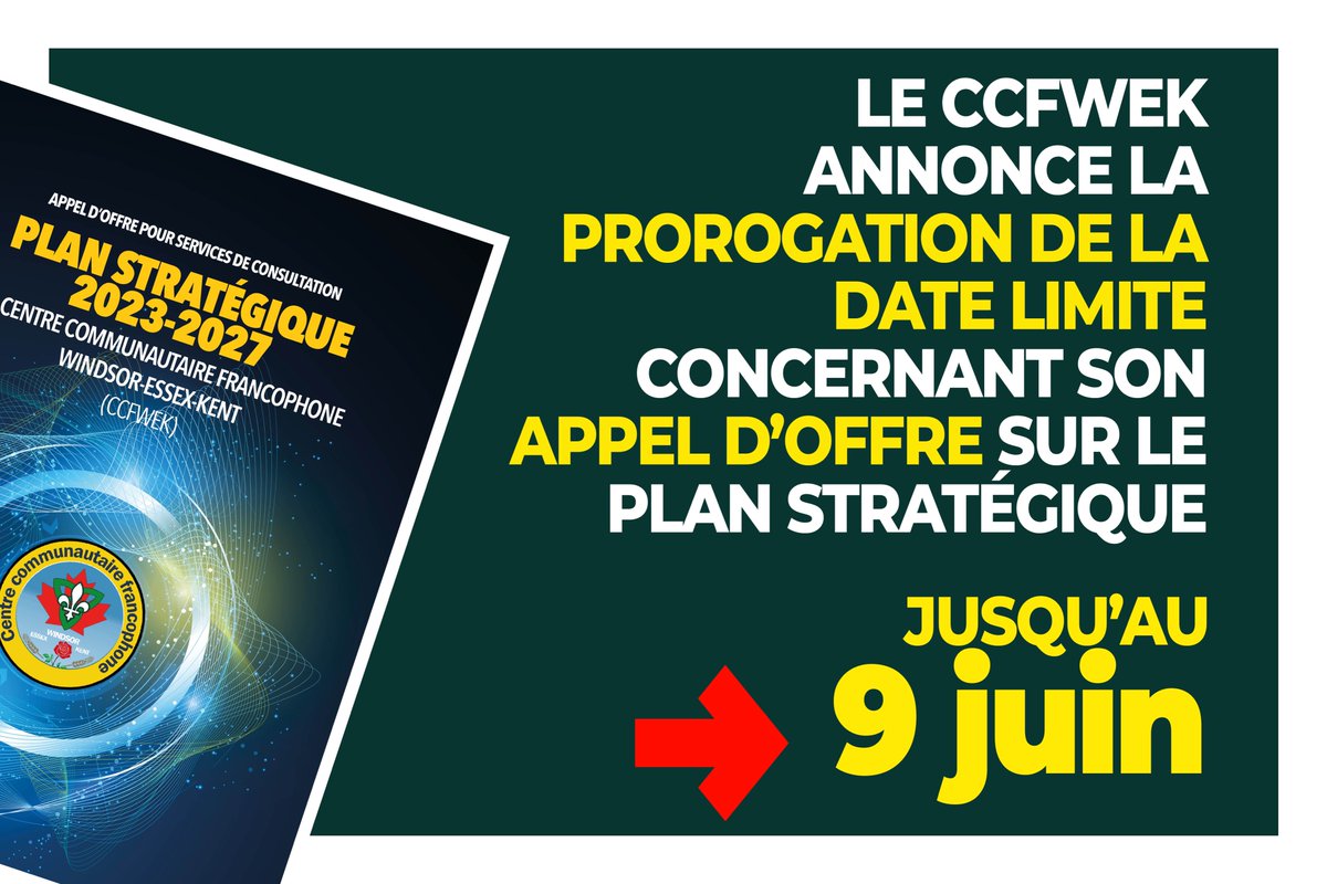 LA DATE LIMITE POUR NOTRE APPEL D'OFFRE CONCERNANT NOTRE PLAN STRATÉGIQUE EST PROROGÉE JUSQU'AU 9 JUIN 2023.
TÉLÉCHARGER L'APPEL D'OFFRE ICI: ccfwek.org/wp-content/upl…