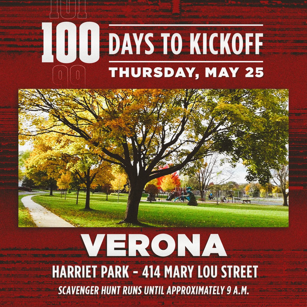 UWBadgers's tweet photo. Our #100DaysUW Scavenger Hunt is underway in Verona‼️

Search for mini football helmets at 𝐇𝐚𝐫𝐫𝐢𝐞𝐭 𝐏𝐚𝐫𝐤 (414 Mary Lou St)

Win home game tickets, Badger gear, prizes from @KwikTrip, @culvers, @SCHEELS and more!

INFO | 📰 https://t.co/ubDsqI0tAy https://t.co/Ye0q5u23ve