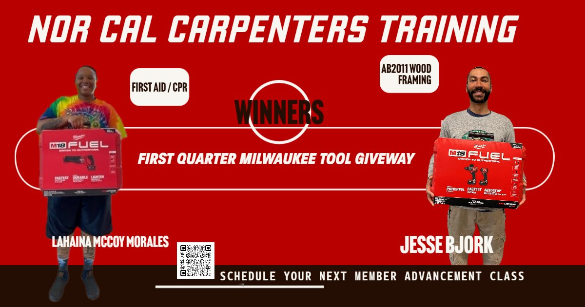 Winners of the 1st quarter Milwaukee Tool giveaway for completing a Member Advancement class between 
Jesse Bjork Local 713 Completed the AB2011 Wood Framing class
Lahaina McCoy Morales Local 34 Completed FA/CPR training.
The next giveaway will be June 31st
