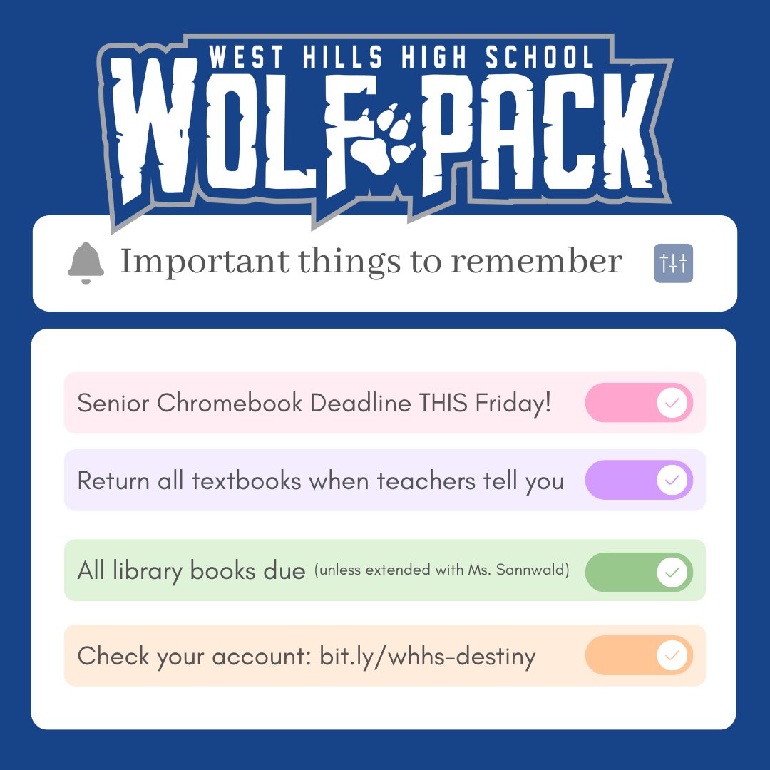 WestHillsLIB's tweet photo. Here are some important reminders for the end of the year. Seniors, find more Chromebook info at https://t.co/ojyMPlCTMf or talk to Ms. Sannwald in the library. For everyone, double-check your school account with these instructions: https://t.co/fc4SS1MlSR #whhspack https://t.co/XbTSy1zzei