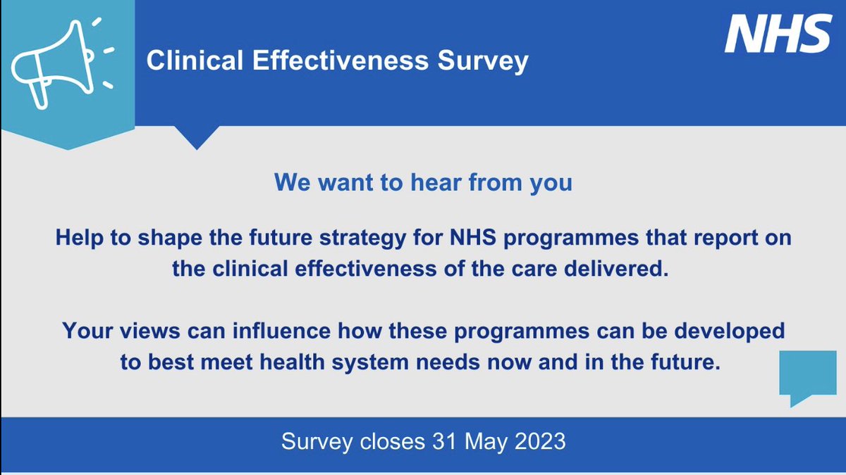 Asking for help! I’m supporting teams in NHSE who want to improve what they do to support and enable the NHS to measure and improve clinical effectiveness. If you work in or with the nhs, please could you help by completing this survey? engage.england.nhs.uk/survey/clinica… Please share