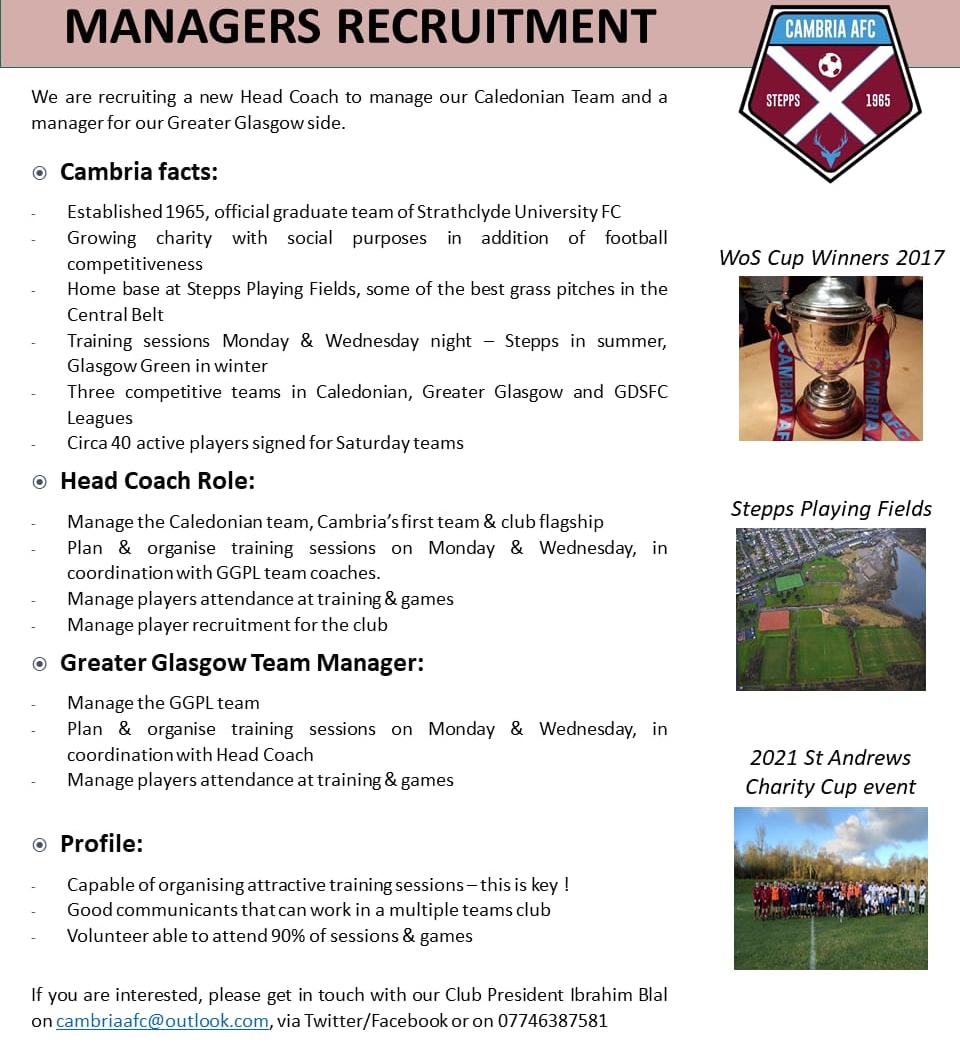 We are recruiting for an ambitious new manager to lead us next season. Please get in touch if interested 🇱🇻 <a href="/CaledonianAFA/">CaledonianLeague</a> <a href="/GGPAFL/">Greater Glasgow Premier AFL</a> <a href="/ScotAmFA/">Scottish Amateur FA</a> <a href="/scottish_aff/">AmateurFixturesResultsSCO</a> <a href="/csaflofficial/">Central Scottish AFL</a> <a href="/ScotFootNet/">Scottish Football Network</a>