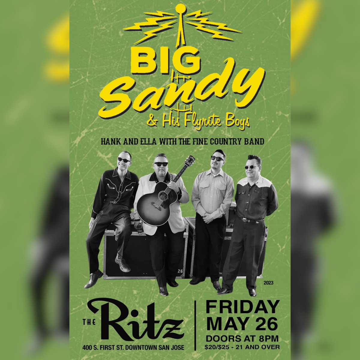 🚁 BIG SANDY & HIS FLY-RITE BOYS 🚁 THIS FRIDAY!

Tickets on sale now! 🎸

Friday // 05.26.23 // 8PM // 21+
🎫 l8r.it/kdzl 🎫

🏷️ #bigsandyandhisflyriteboys #bigsandy @flyrite #rockabilly #westernswing #folk #bluegrass #country #theritzsj