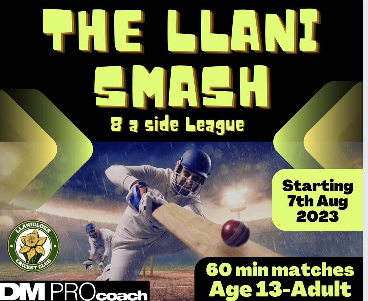 DM PROcoach (@dmprocoach) on Twitter photo The Llani Smash needs you 🫵🫵🫵
We’re looking at starting a Monday night 8 a side cricket league on the newly refurbished Artificial wicket <a href="/LlaniCC/">Llanidloes CC</a>
*STARTING 7th AUGUST*
Played in Hundred format, kwik cricket style, 80 balls per innings.
Get in touch for more info The Llani Smash needs you 🫵🫵🫵
We’re looking at starting a Monday night 8 a side cricket league on the newly refurbished Artificial wicket <a href="/LlaniCC/">Llanidloes CC</a>
*STARTING 7th AUGUST*
Played in Hundred format, kwik cricket style, 80 balls per innings.
Get in touch for more info