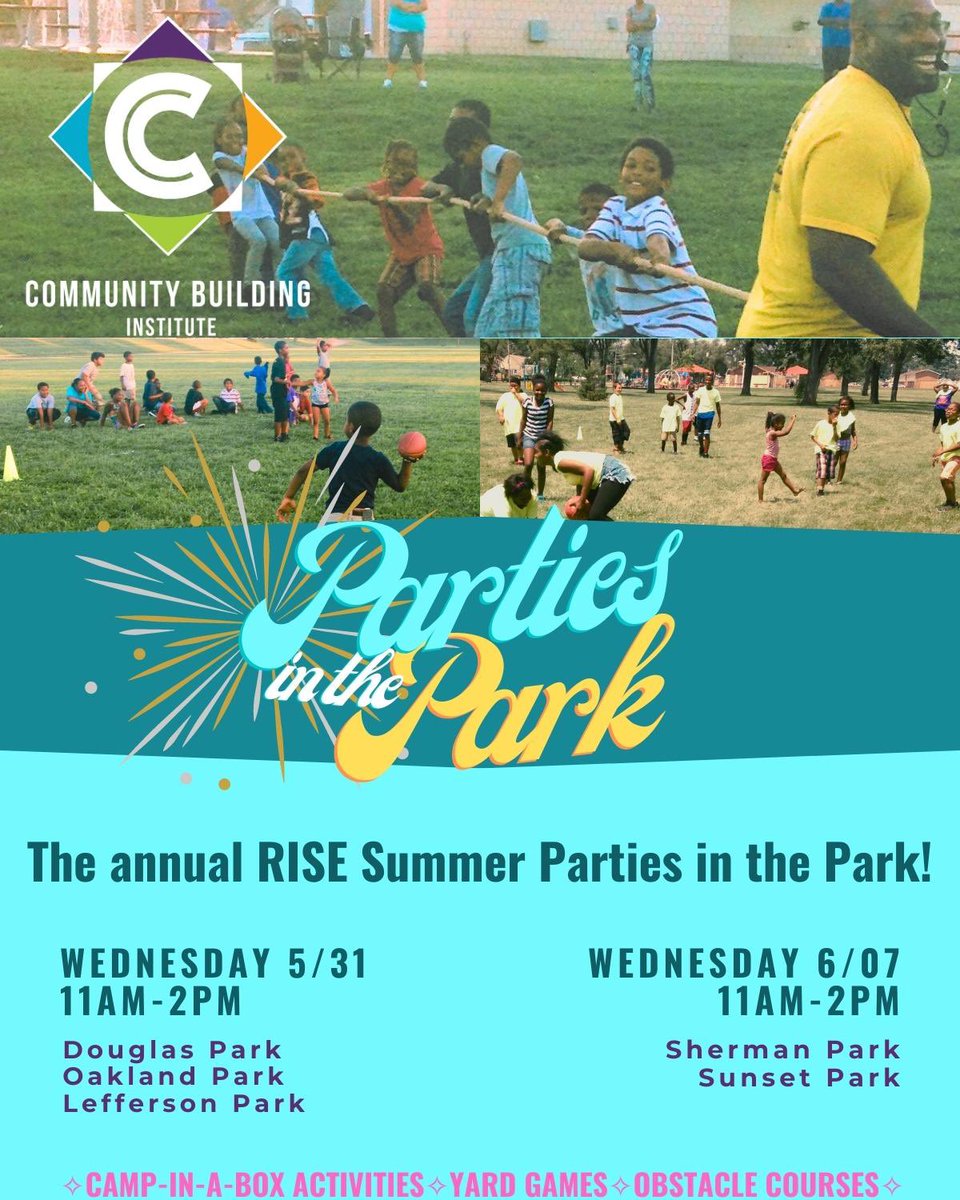 Join us for the next two Wednesdays at RISE’s annual Parties in the Park! We’ll have fun games and activities for you and your kiddos. We hope to see you May 31st and June 7th at any one of the Middletown City Parks listed above. Let’s get ready for summer!

#MiddieRising