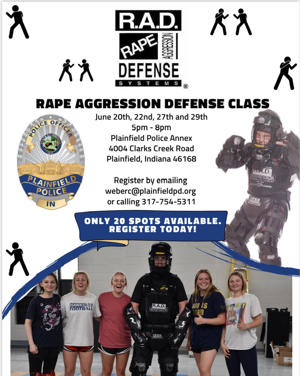 PlainfieldPD's tweet photo. Free Public Training Opportunity for women! THIS CLASS IS POPULAR AND WILL FILL UP FAST. PPD will be hosting another R.A.D. (Rape Aggression Defense) class June 20,22, 27, 28. See graphic for details. Questions and registration, contact Capt. Carri Weber@ weberc@plainfieldpd.org https://t.co/8XnxHd3xqB