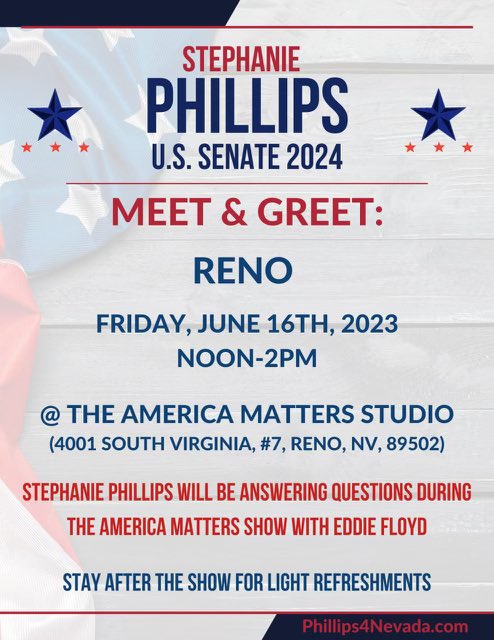 I’m comin’ to Reno folks!!  Come on down to the @AmericaMattersMedia studio with Eddie Floyd and Ray Rocha for my live in person interview and time to talk one on one after the show. 

Friday June 16, 2023 from 12-2pm. Mark your calendars and come meet United States Senate…