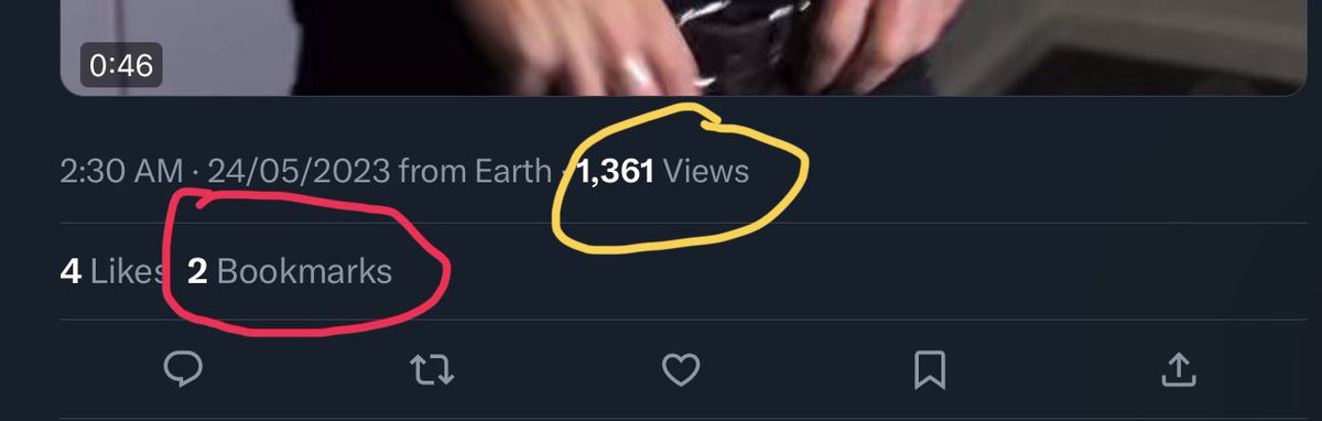@remyTare Since you’re are new here I will explain basic things for you, the circle in yellows says how many people say your tweet and the red circle says how may people have bookmarked (save) your tweet to see it later so out of all the 1361 people 2 people decided to bookmark your tweet.