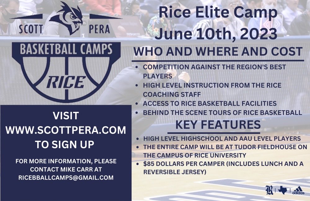Elite Camp registration is now open! Spots are limited. All information located on the attached flyer. Can’t wait to see our future Rice Owls😎🦉🦉🦉
