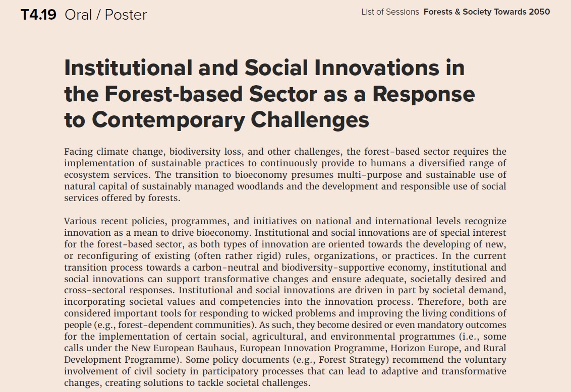 🌱Passionate about #institutional and #social #innovations? We're all about it too! 

Join us in amplifying this crucial topic and help advance the latest knowledge on these innovations in #forestry.

📚 Send your abstracts for #IUFRO2024 until June 2nd