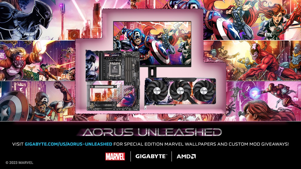 Marvel's tweet image. Display your favorite Super Heroes right at home by downloading @AorusOfficial &amp;amp; @AMDGaming’s free custom Marvel wallpapers. Visit bit.ly/3OIPOw1 for a chance to win a custom @AMDRyzen X670E motherboard, @amdradeon RX 7900 XTX graphics card, and monitor! #ad