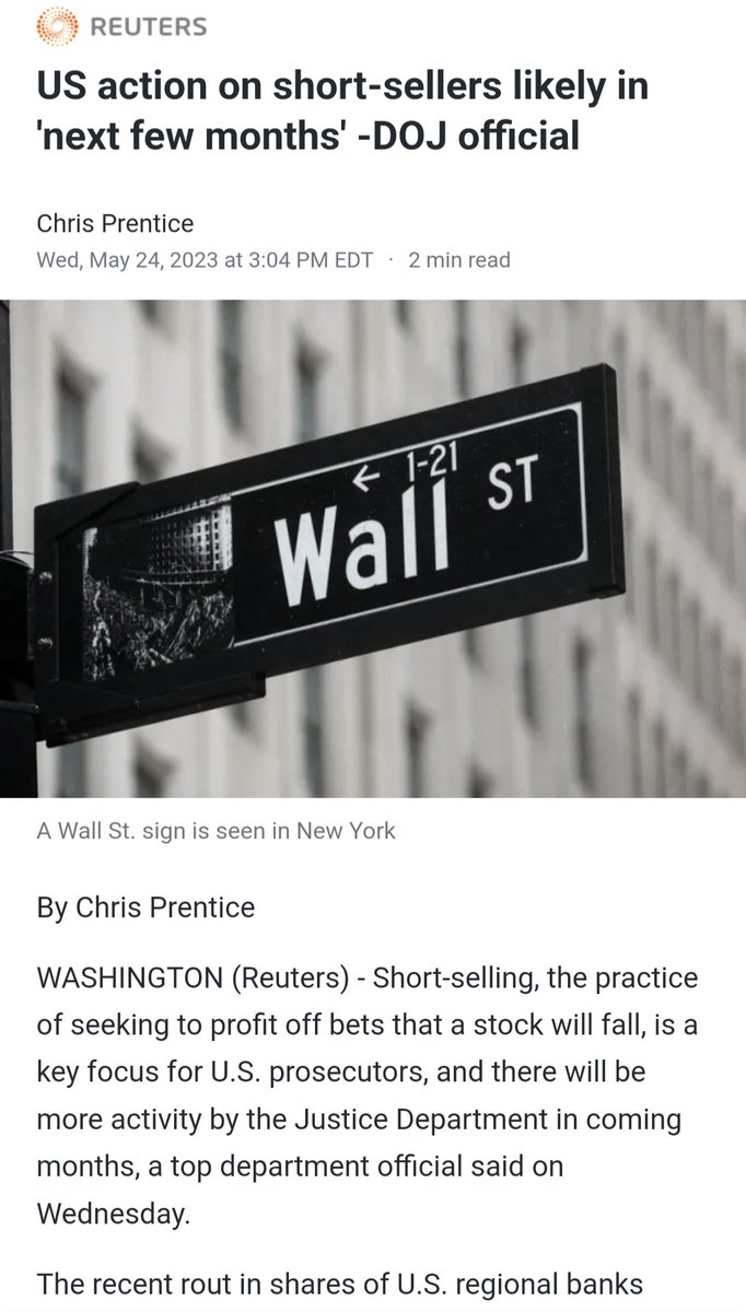 DOJ says that short selling probe will result in 'activity' in 'the next few months'. Seems like the potential manipulation of regional bank stocks is being looked at too.
finance.yahoo.com/news/us-action…