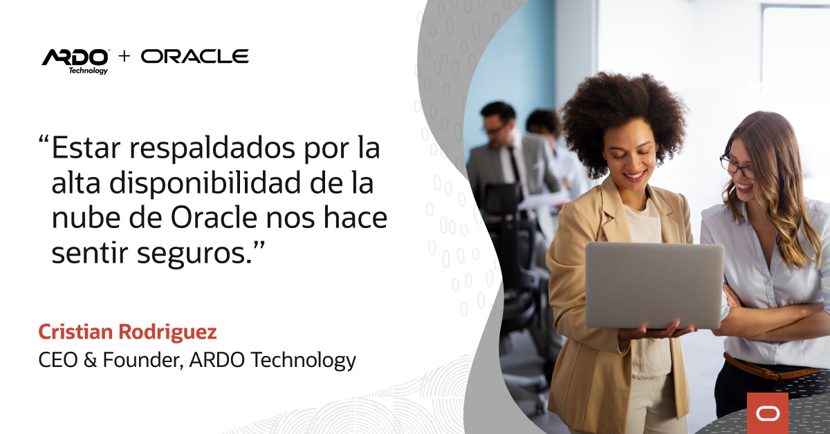 ARDO Technology, empresa mexicana de tecnología, eligió Oracle Cloud para mejorar sus resultados.
Pensando en transformación digital? #PiensaEnOracle

social.ora.cl/6019OWB33