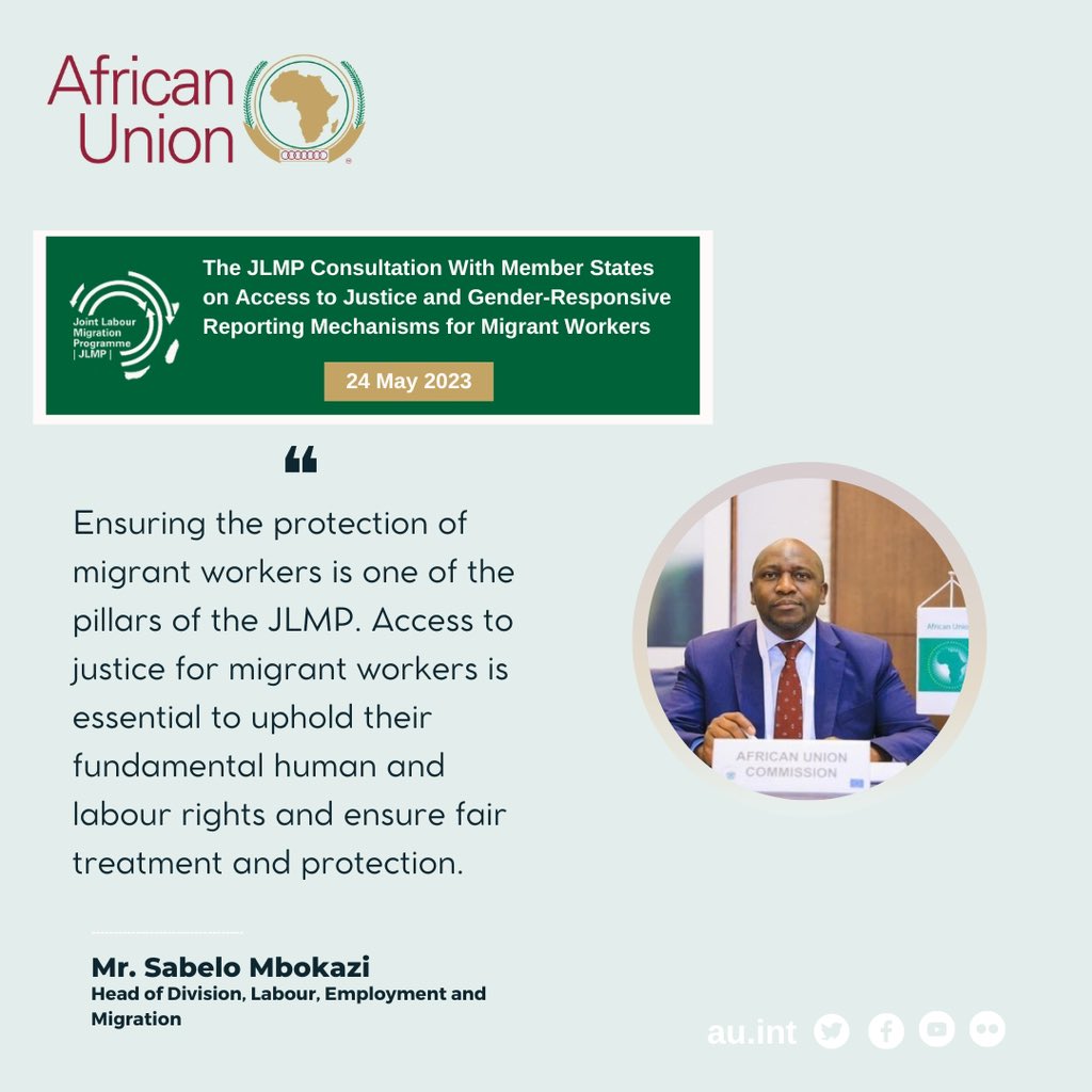 AU_HHS's tweet photo. The Joint Labour Migration Programme held a consultative discussion with 🇨🇲, 🇨🇮, 🇪🇹, 🇲🇼, & 🇲🇦 on access to justice & gender-responsive reporting mechanisms for migrant workers. #accessjustice @AmbSamate @_MbokaziSabelo @diarraodette @AddisIlo @cissemariamam @FMukurarinda https://t.co/4O3rStOOvS