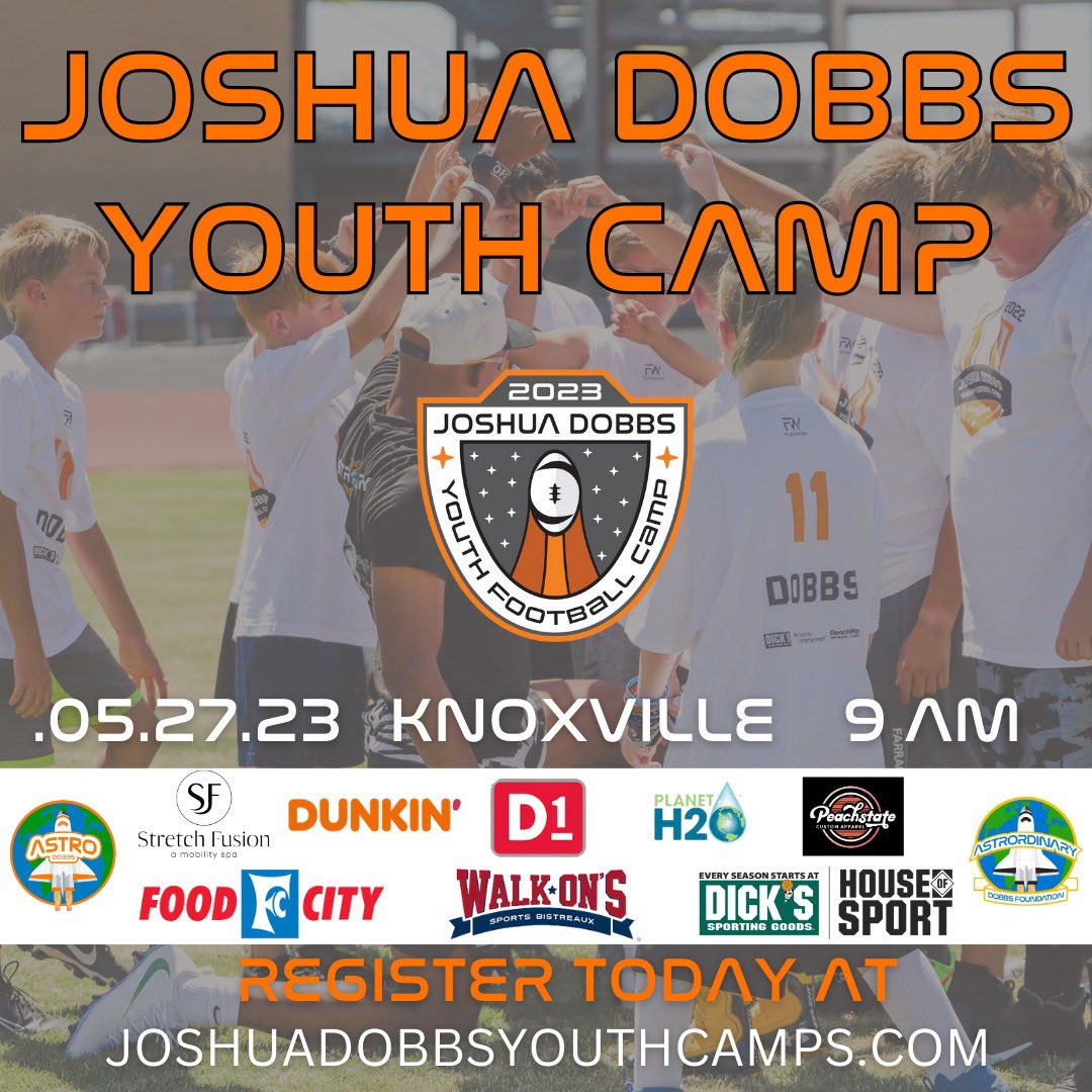Our 2023 Joshua Dobbs 🏈Youth Camp is only 3 Days away!🔥 We appreciate the support of our amazing Sponsors for helping to make this year’s Knoxville camp the best yet. See everyone on Saturday!🚀
