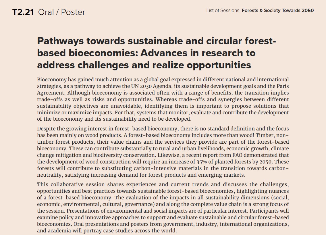 ⏳Tick-tock, time's running out! 🧐 Only 10 days left to submit your abstract for our session on #circular #forest-based #bioeconomies at #IUFRO2024🌳

Calling #government, #industry, #international organizations &  #academia! We want to hear your case studies from around the 🌍