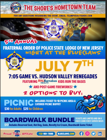 Here's the link to purchase tickets for FOP Night at the Blue Claws:
🌐 fevogm.com/FOP
Always a fun night, so we hope to see you there! Tickets are limited—act fast!

#jerseyshoreblueclaws #blueclaws #shoretownballpark #policefamily #policelife #policedepartment #njfop