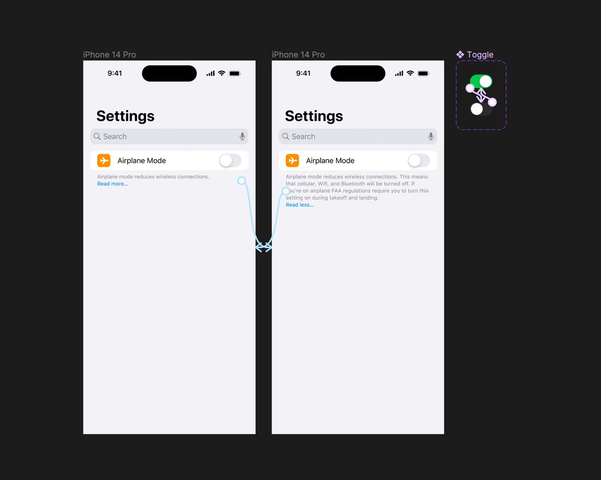 nikolasklein's tweet photo. This brings us to our second point: State sharing across frames

While already possible for scrolling, it was not possible for interactive components.

In this example, you'd clearly define the two switches as "the same", right? https://t.co/qqc43c7kNO