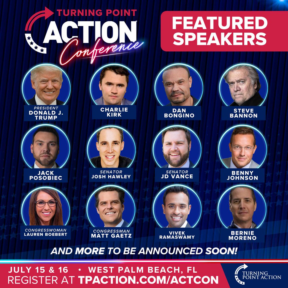 🚨🚨BREAKING🚨🚨

Turning Point Action is thrilled to announce that DONALD J. TRUMP is confirmed for #ACTCON2023

There is no better time than now to register for the biggest event of the summer! ⬇️⬇️
TPAction.com/ACTCON