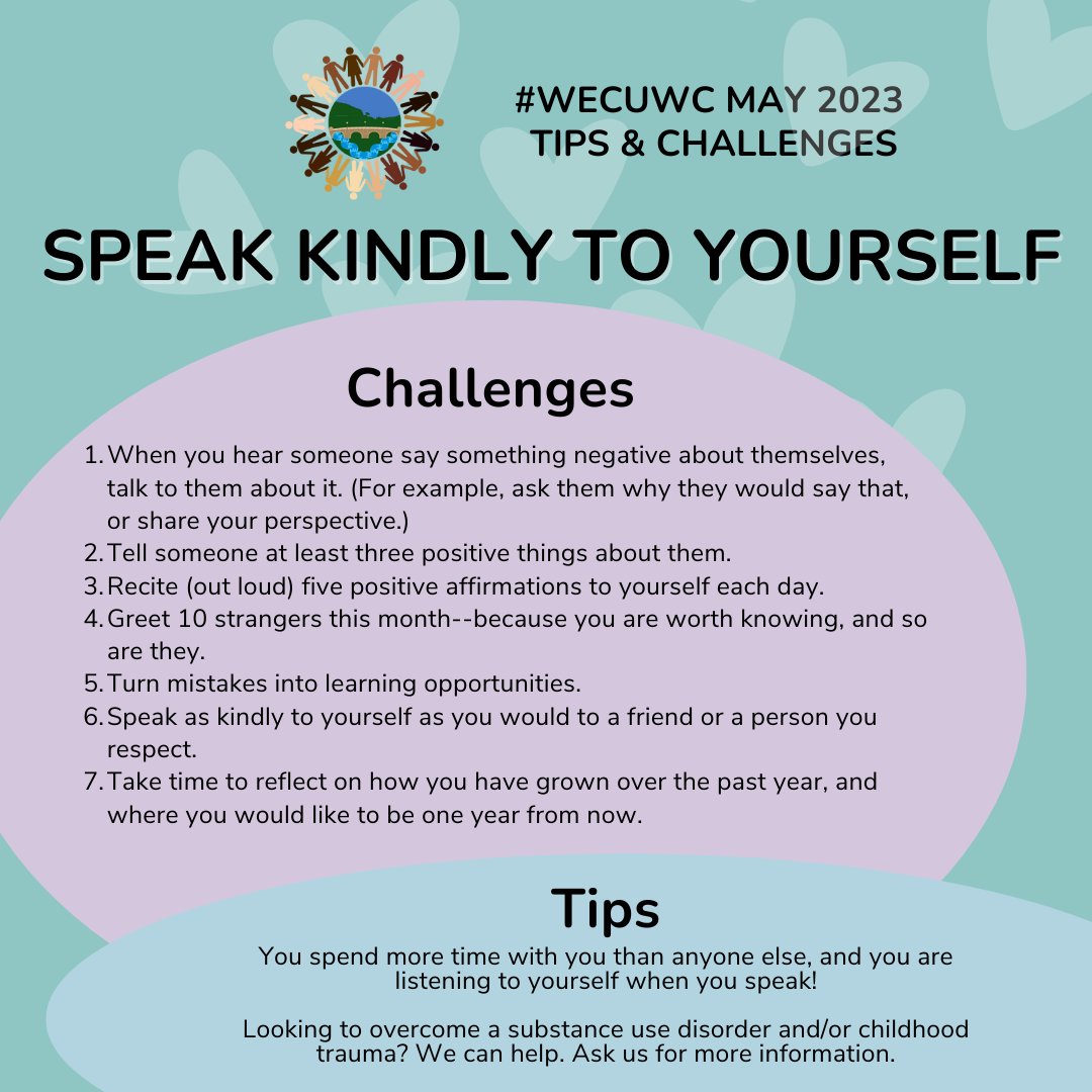 WarrenCoalition's tweet image. Here are some challenges for this month&apos;s #WeCUWC theme of &quot;Speak Kindly to Yourself!&quot; Show yourself respect and give yourself grace this month. You&apos;re worth it!