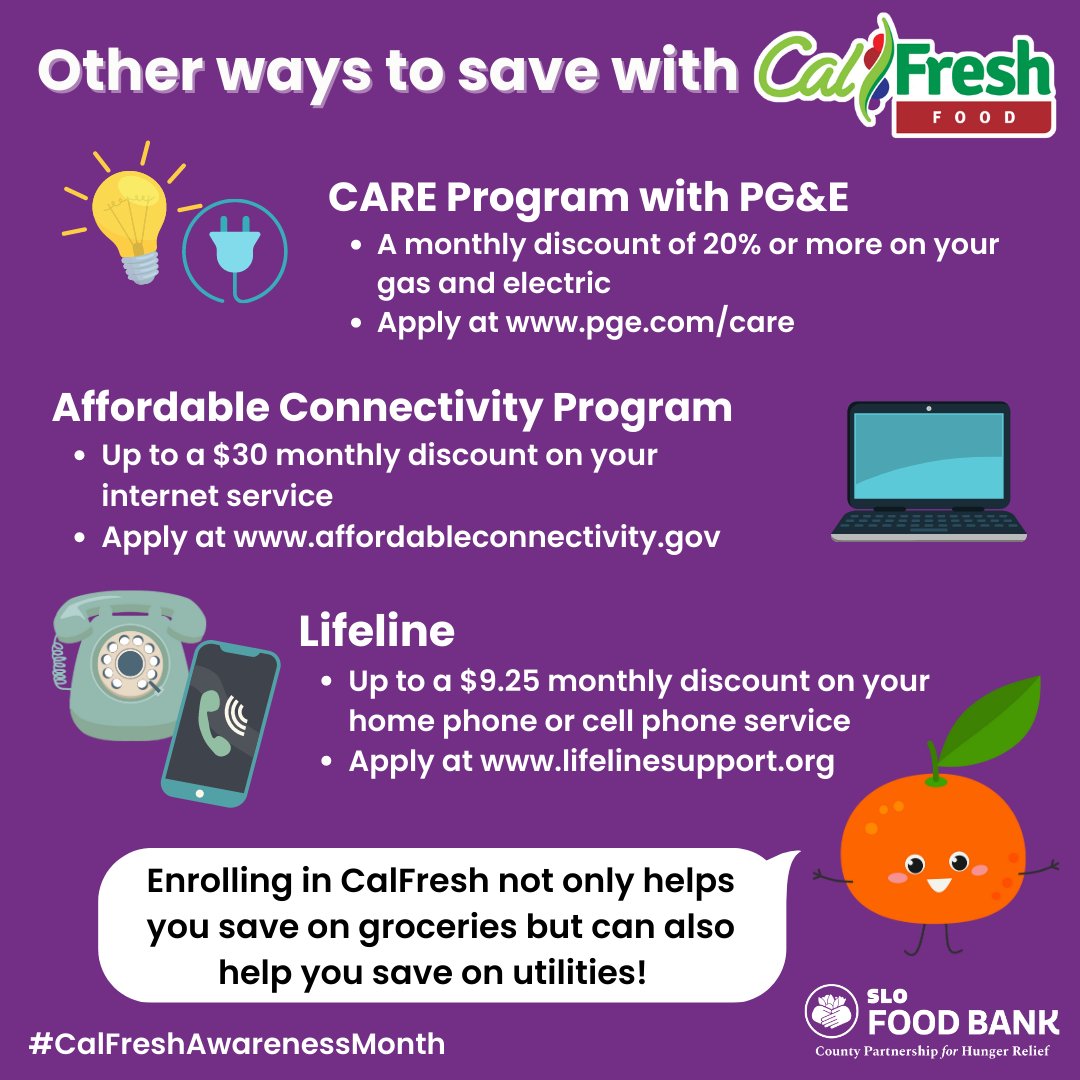 Did you know that CalFresh recipients can save on their monthly utilities and get discounts on fun activities? Programs like CARE provided by PG&E, LIFELINE and the Affordable connectivity program are a few ways of saving with CalFresh. Learn more: https://t.co/fCUrY1qZyv. https://t.co/LGcJQTcgQP