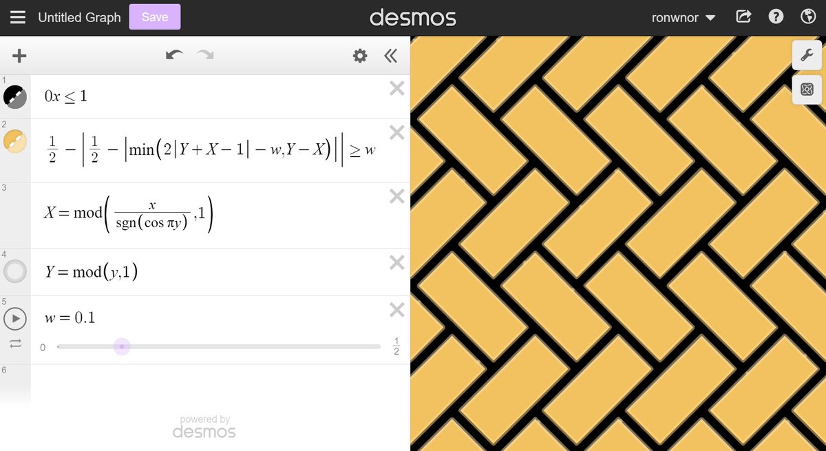 Pixelated_Donut's tweet image. すっごい関数を見つけてしまった。
ちょっとXとYをいじるだけで、全く別のタイリングなる。面白すぎる。
#MathInReality #desmos #関数アート #タイリング
