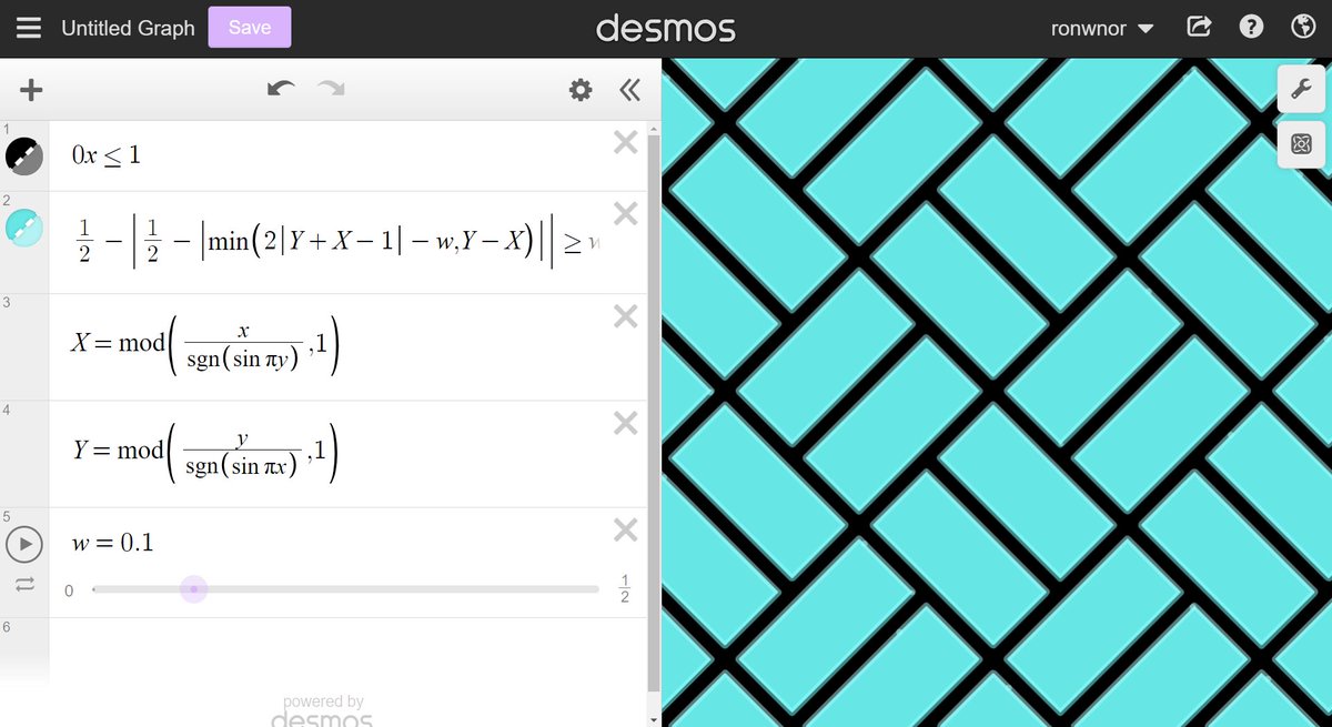 Pixelated_Donut's tweet image. すっごい関数を見つけてしまった。
ちょっとXとYをいじるだけで、全く別のタイリングなる。面白すぎる。
#MathInReality #desmos #関数アート #タイリング