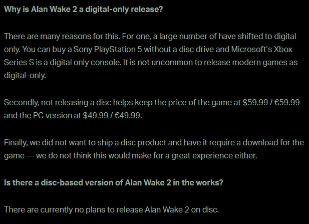 DoesItPlay1's tweet photo. Excuse us, @remedygames, @SamLakeRMD, we're all for sparing the world with incomplete disc releases, but do you really not want this blockbuster to be preserved on a physical medium? Why not put it on two discs then? This is beyond disappointing. Please think it over.

#AlanWake2 https://t.co/jwKl8kiX44