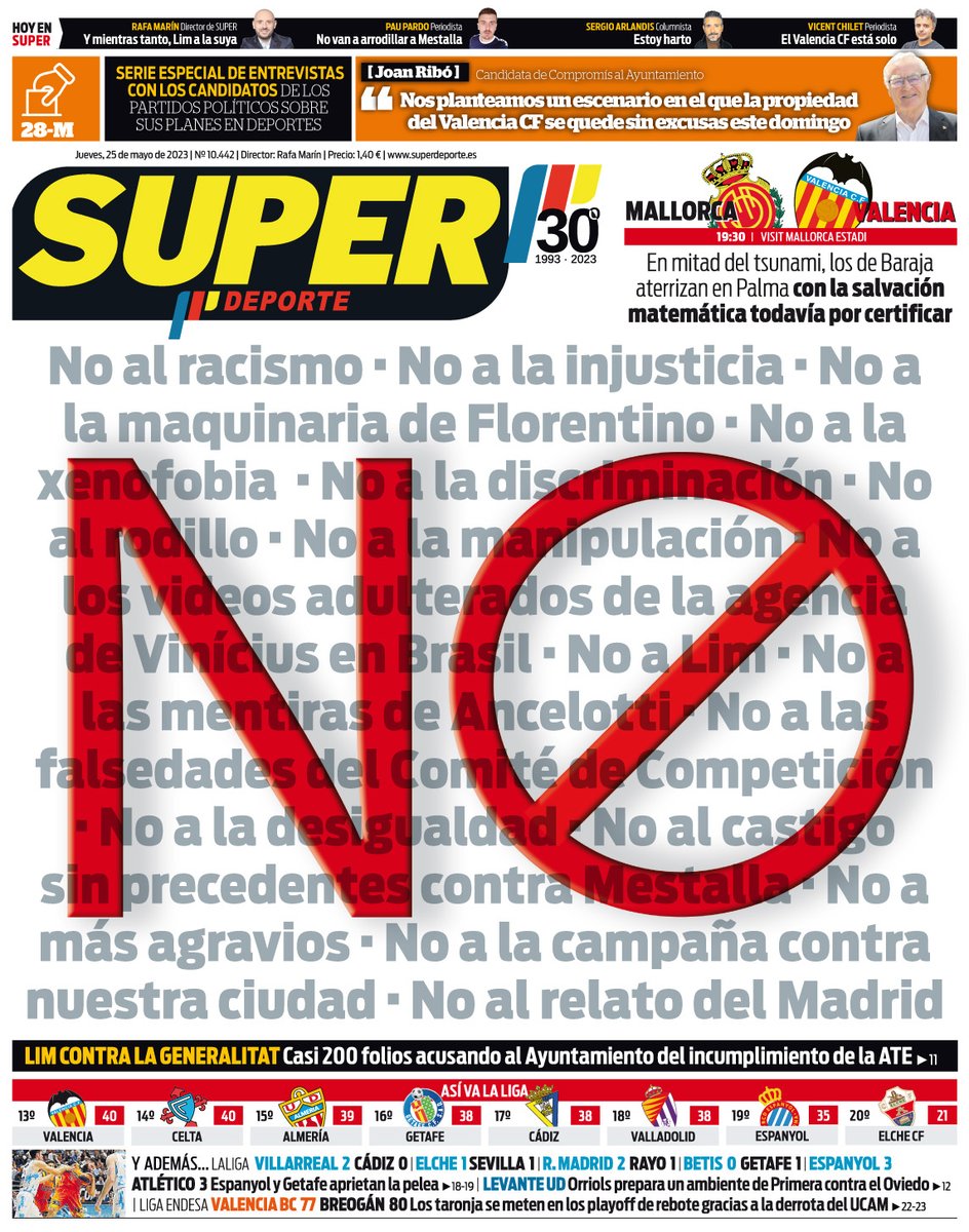 superdeporte_es's tweet photo. Esta es la #SUPERPortada 🗞🆕 de este jueves 25 de mayo

'NO'🚫🦇

#𝐋𝐚𝐂𝐚𝐬𝐚𝐃𝐞𝐥𝐃𝐞𝐩𝐨𝐫𝐭𝐞𝐕𝐚𝐥𝐞𝐧𝐜𝐢𝐚𝐧𝐨  

📍 Hazte con tu versión digital  

🔗 https://t.co/W6PTAmEmcf 🔗 https://t.co/PfqZyC88X4
