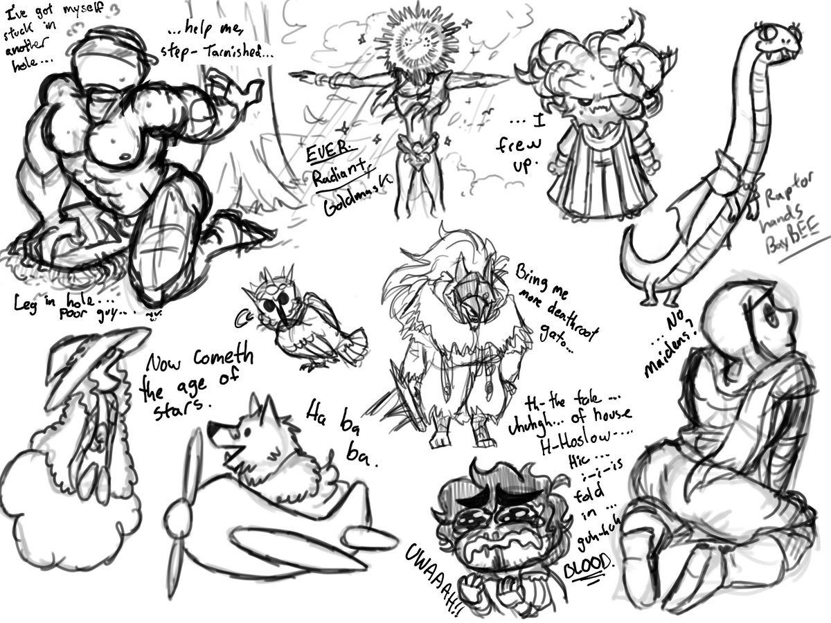 pickle_crammer's tweet photo. Resisting the daily urge to draw all these Elden Ring characters exactly as pictured here… every day is a struggle. 😔 https://t.co/IBwvdrvlqq