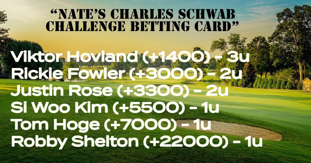 Here it is. My full betting card for this week’s #CharlesSchwabChallenge.

I think Scottie Scheffler gets it done this week but his odds are too thin. 

#CharlesSchwab #Golf #GolfBetting #PGA #PGATour #KLMOpen #sportsbettingpicks #sportsbettingtwitter #sportsbet
