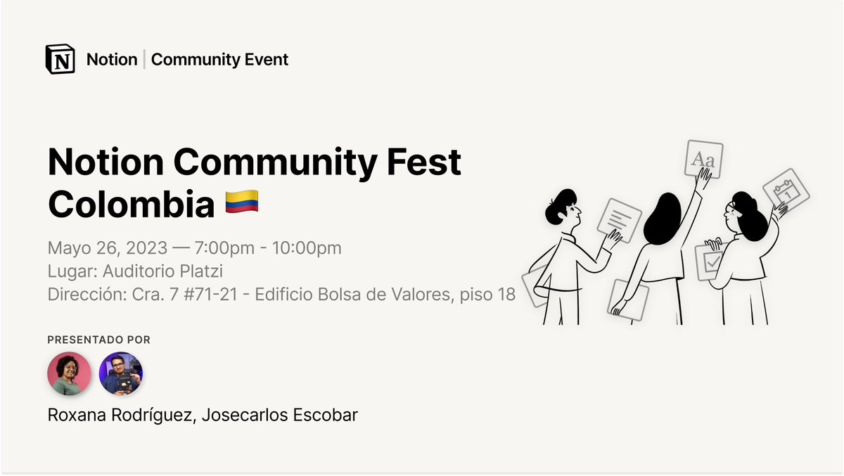 nosoyceo's tweet photo. ¡Parce, este viernes es el #NotionCommunityFest Colombia 🇨🇴!
Recuerda que sortearemos 2 becas @platzi entre los/as asistentes. ;)
Regístrate aquí: https://t.co/jn7g1CAcvC
@Sebas_Notion @NotionColombia @NotionFlows @NotionHQ https://t.co/vKbolRx0qL