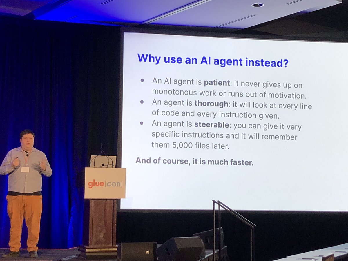Why can an #AI help with modernize code? Well, computers are patient, thorough, and follow instructions. @morgantepell looks at how AI can help with #techdebt at #gluecon