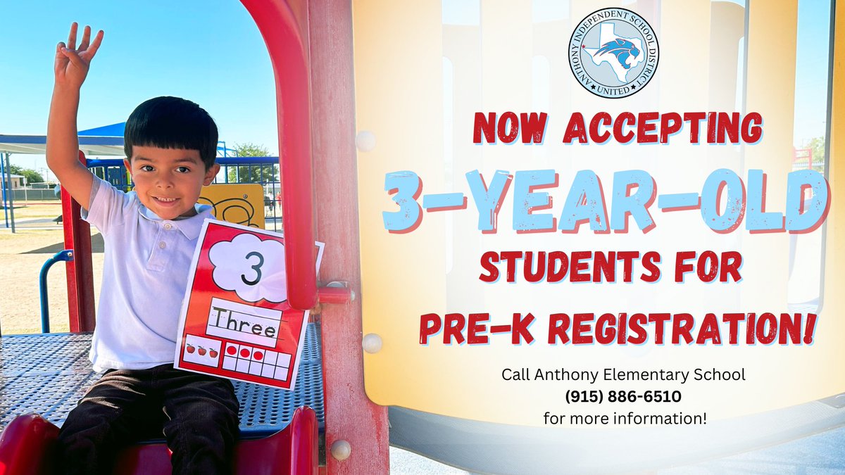 _AnthonyISD's tweet photo. Did you hear the news⁉️ Anthony ISD is now accepting 3-year-old students for its discovery-based pre-k program! 🏫🖍️

Learn more about the program and how to register ➡️ https://t.co/B5IERdUaJL https://t.co/U2QT9RoQw6