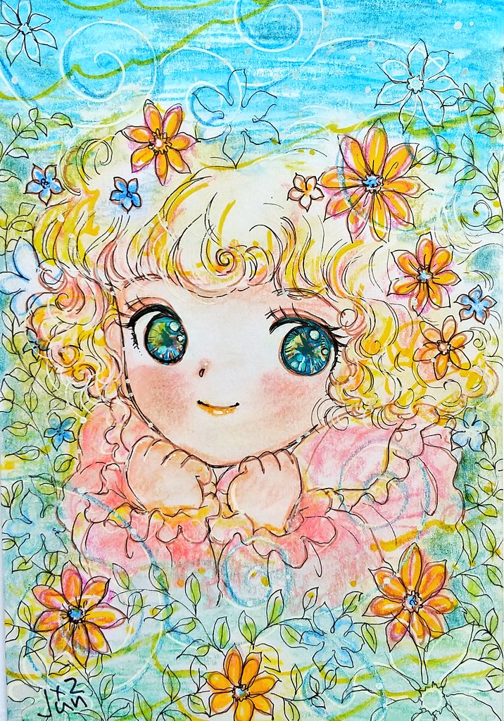 1girl solo flower blonde hair smile long sleeves blue eyes  illustration images