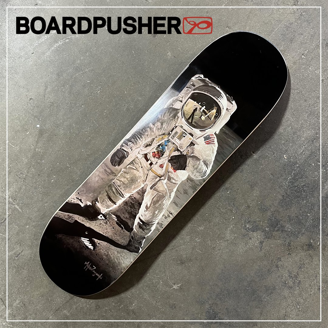 BoardPusher's tweet photo. A Buzz Aldrin painting by @mikezartwork converted into a #glowinthedark custom #skateboard graphic. This #FeaturedDeck is available at https://t.co/txrc4L0vDZ. https://t.co/8IkWDxvZ6b