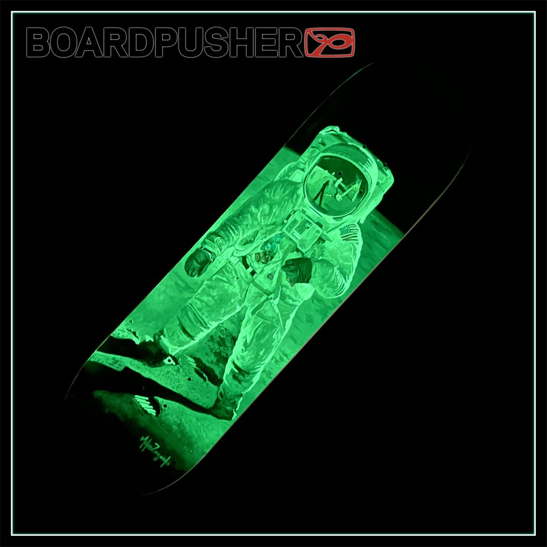 BoardPusher's tweet photo. A Buzz Aldrin painting by @mikezartwork converted into a #glowinthedark custom #skateboard graphic. This #FeaturedDeck is available at https://t.co/txrc4L0vDZ. https://t.co/8IkWDxvZ6b