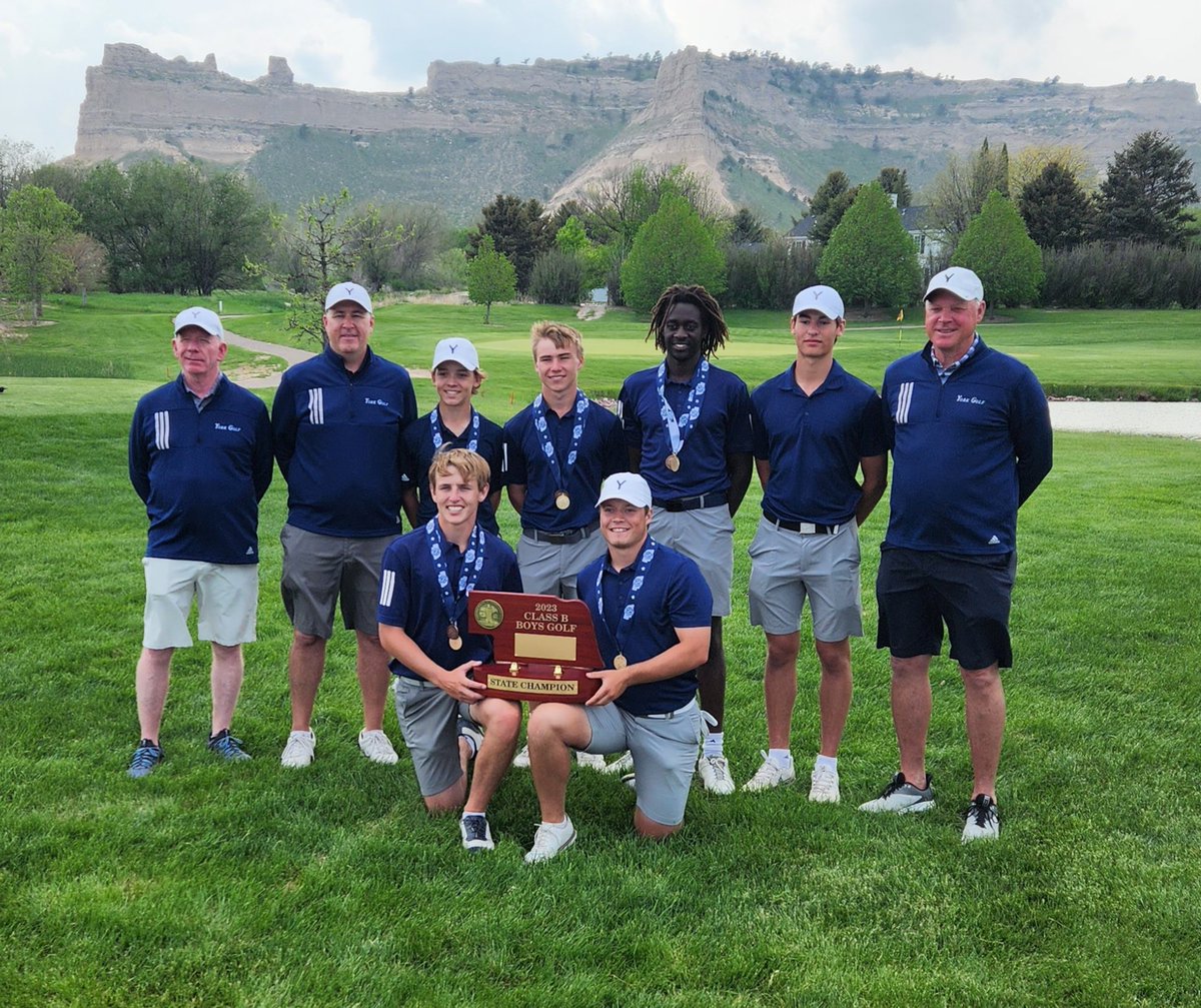 Class B
<a href="/YorkDukeGolf/">York Duke Boys Golf</a> sends out retiring coach <a href="/MalleckDan/">Dan Malleck</a> with another state title. 

A 593 (+17) total for an 8-stroke win. 

#nebpreps | #nebgolf