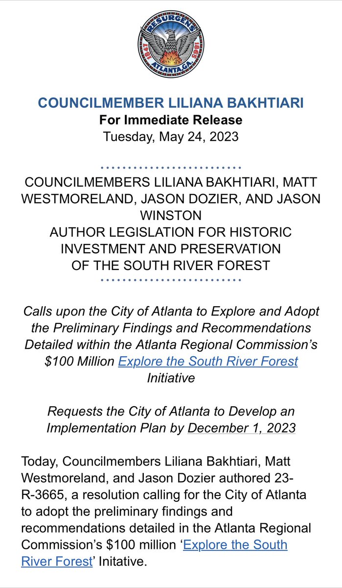 LilianaforATL's tweet photo. Today, along with my colleagues @WestmorelandATL @JasonHWinston @jasonsdozier, I submitted resolution 23-R-3665, calling for @CityofAtlanta to adopt the findings and recommendations detailed in the @AtlantaRegional $100 million ‘Explore the South River Forest’ Initative. 1/3 https://t.co/GW5yFlQz8P