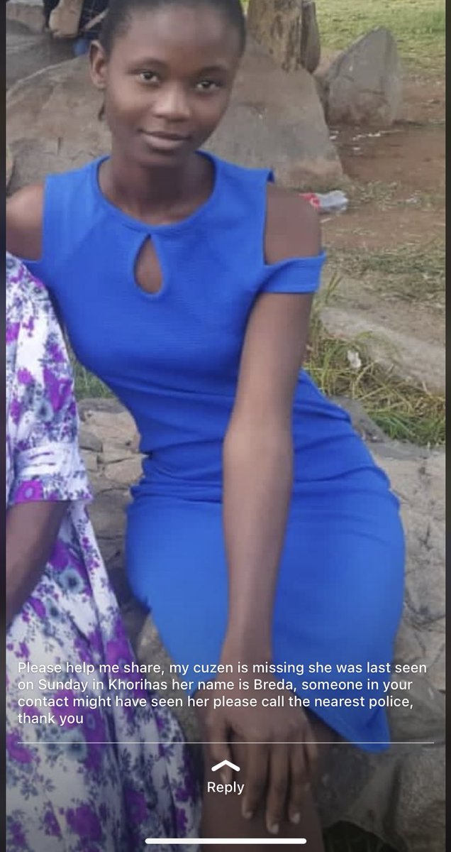 NickyambotoX's tweet photo. Shared
Please help me share, my cuzen is missing she was last seen on Sunday in Khorihas her name is Breda, someone in your contact might have seen her please call the nearest police, thank you
Reply https://t.co/SyiVtwCQAa