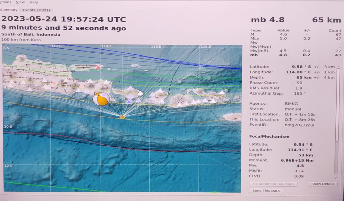 Kamis 25 Mei 2023 pukul 02.57.22 WIB Samudra Hindia Selatan Bali diguncang gempa Mw4,8. Episenter di laut 93 Km Selatan Denpasar kdlmn 65 km akibat deformasi batuan dlm Lempeng Indo-Australia (intra-slab) di rasakan di Kuta, Lombok Barat, Mataram  III MMI  dan Denpasar MMI.