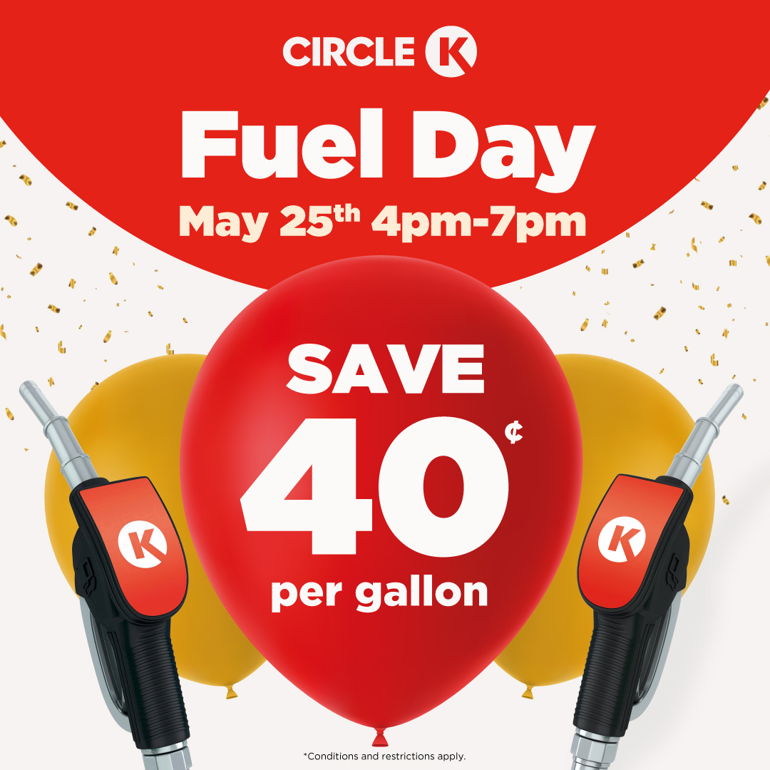 CircleKStores's tweet image. Surprise, Surprise! 🎈 Circle K Fuel Day is back! Tomorrow ONLY from 4-7pm, stop by your local Circle K to receive 40¢ off per gallon of fuel.