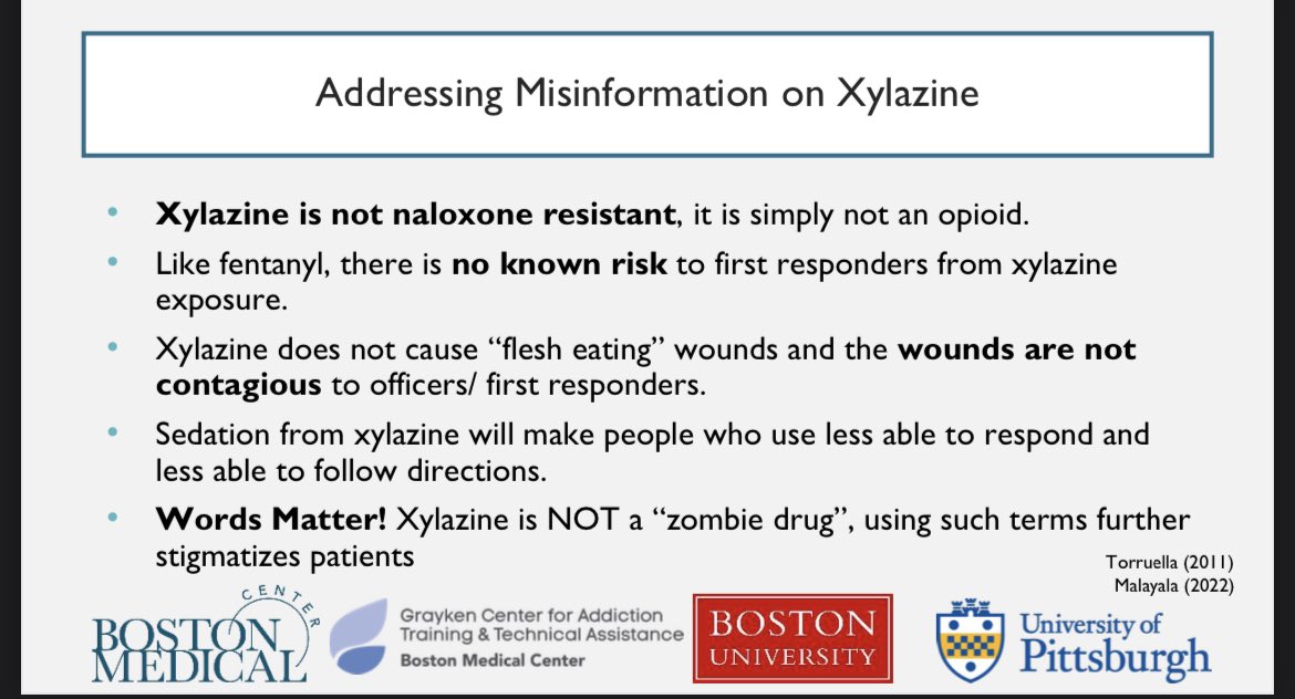 In the age of a ⬆️ toxic drug supply, it is critical to combat stigma &amp; misinformation in the media &amp; public messaging. Here is a slide we presented at a #xylazine training first responders in HIDTA earlier today @LAhidtatraining <a href="/stephenHRNRP/">Stephen Murray, MPH, NRP</a> <a href="/jalves1490/">Justin Alves</a> <a href="/GraykenBMC/">Grayken Center for Addiction</a> <a href="/PittGIM/">Pitt General Internal Medicine</a>