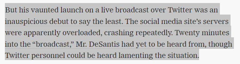 Pausing my twitter hiatus to laugh at Elon Musk firing all his engineers, hollowing out his product, only to completely flub the presidential announcement of Ron DeSantis, his preferred wannabe dictator. 

10/10, i have zero notes. Well done all around. nytimes.com/live/2023/05/2…