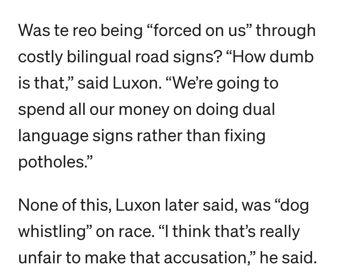 I agree with Luxon this isn't 'dog whistling' - that's when a statement is discriminatory by implication, a sort of subtle nod. This is what we call 'straight up race baiting'.

This is only stop number one on Luxon's Orewa Roadshow.